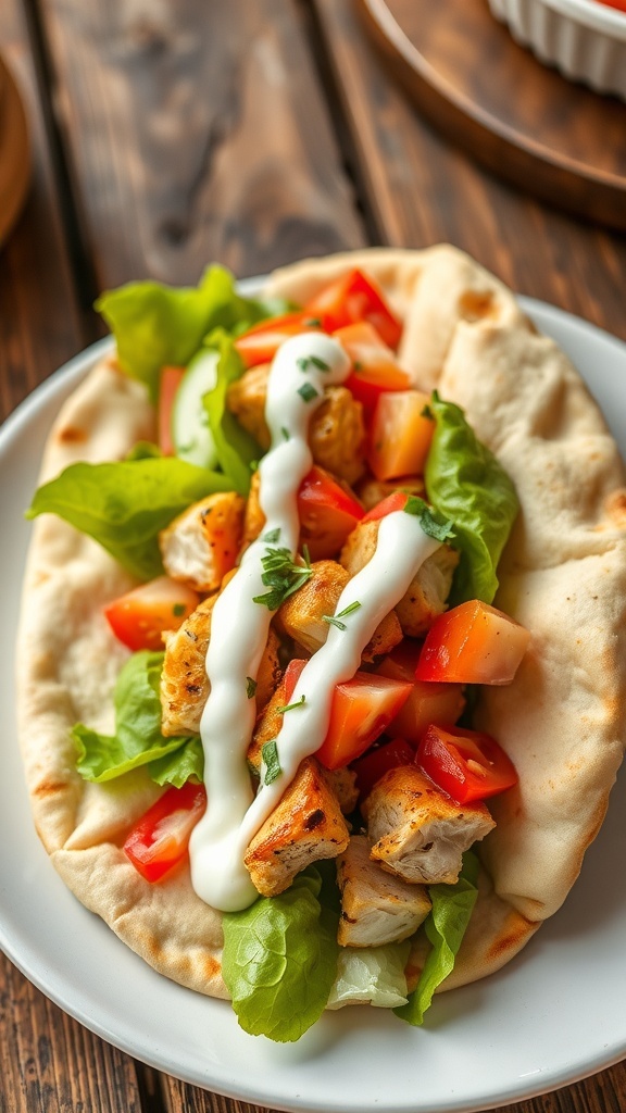 Stuffed pita bread with grilled chicken, lettuce, tomatoes, and yogurt sauce on a rustic table.